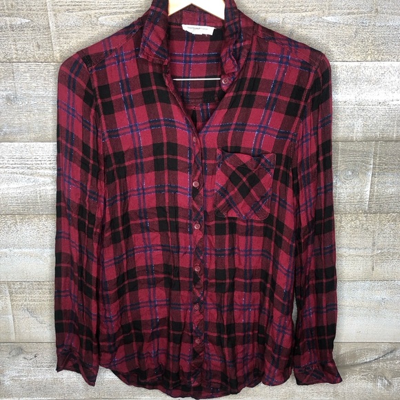 Beachlunchlounge Charley plaid red button up holiday Christmas flannel - Picture 2 of 4